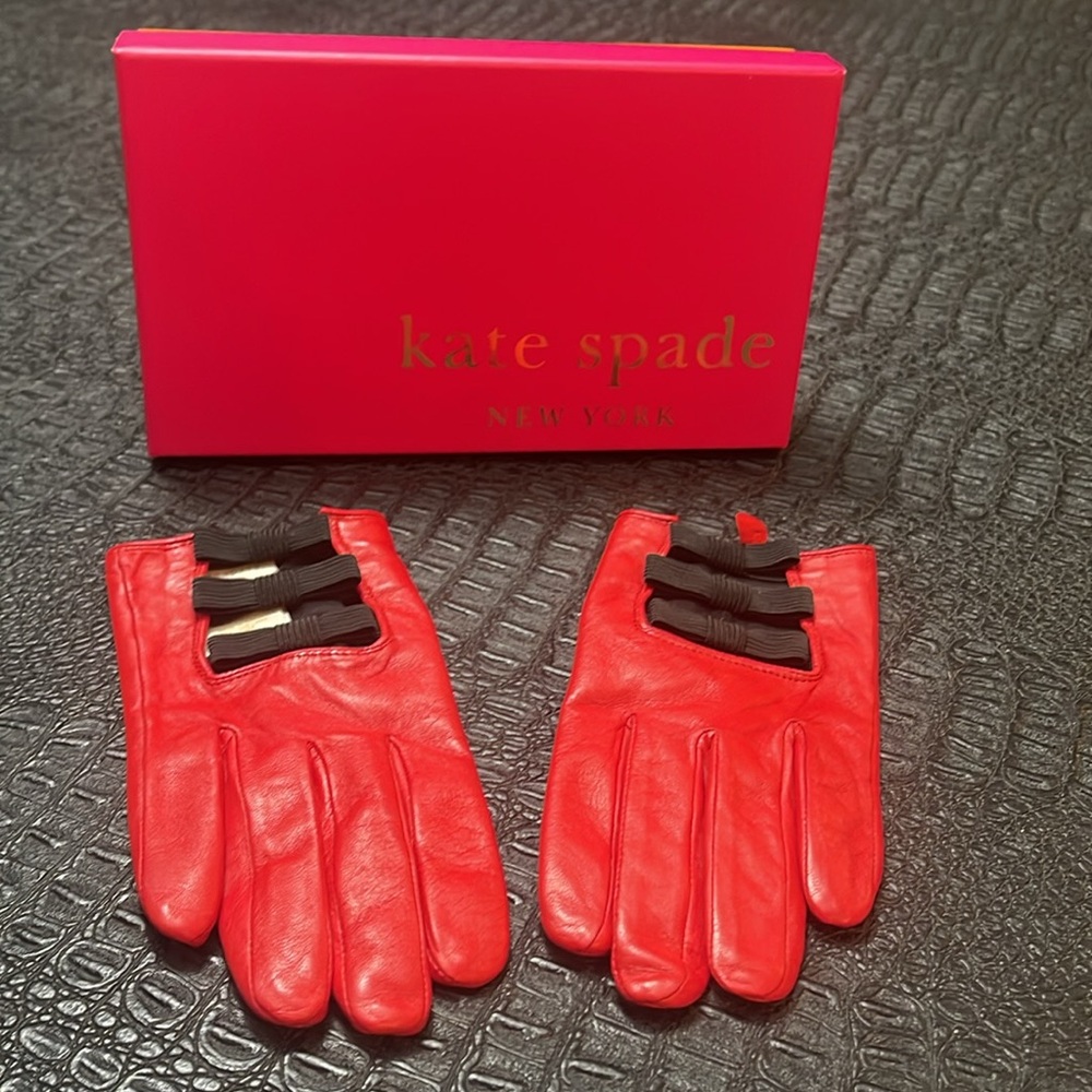 Kate Spade Vibrant Red Leather Gloves with Black Bows Size L